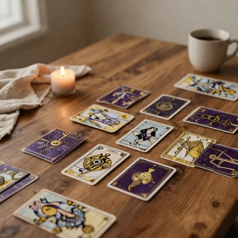 Mesa de trabajo con cartas de tarot, una vela encendida y una taza de café