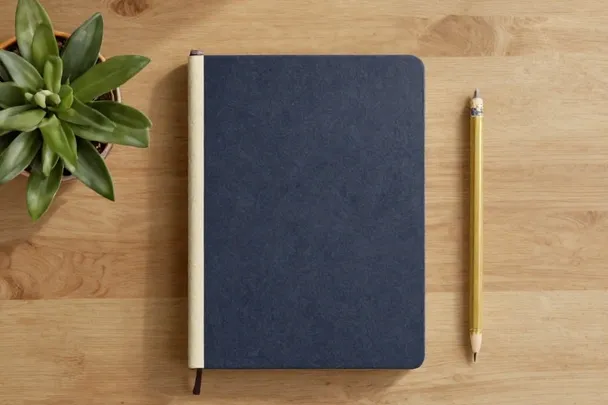 Cuaderno cerrado y lápiz descansan junto a una planta en una mesa luminosa