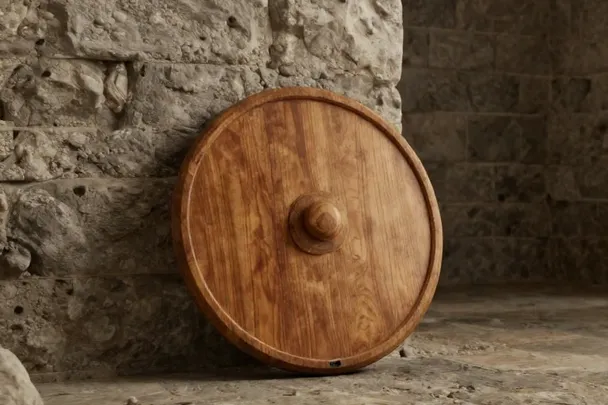 Escudo sencillo de madera apoyado en una pared de piedra.
