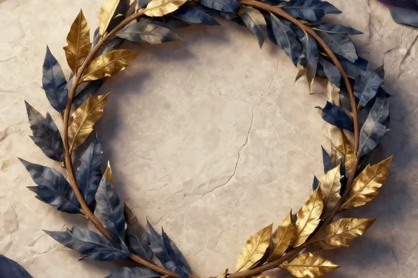 Corona de laurel terminada reposa sobre una mesa de piedra clara