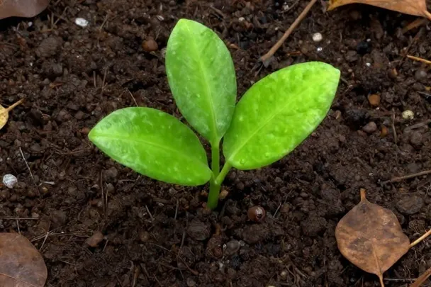Brote verde que emerge entre hojas secas sobre tierra húmeda.