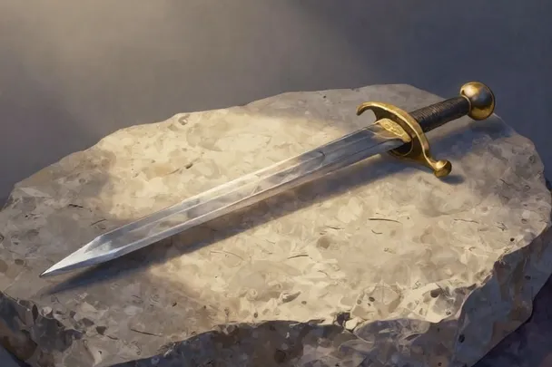 Espada de acero sin adornos sobre piedra clara bajo un rayo de luz