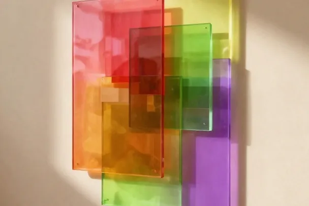Luz que atraviesa paneles de vidrio de colores sobre una pared clara.