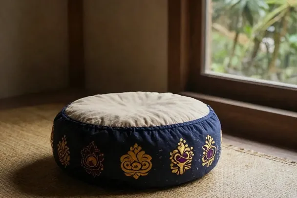 Cojín de meditación vacío reposa frente a una ventana abierta al jardín