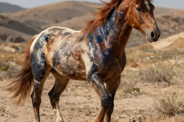 Caballo castaño avanza por un sendero soleado entre colinas