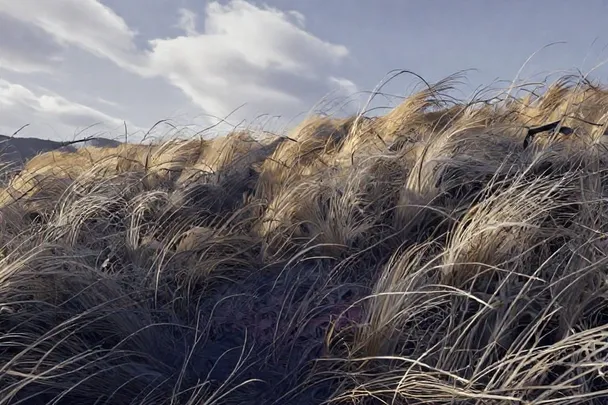Hierba y ramas se inclinan con el viento junto a un camino despejado