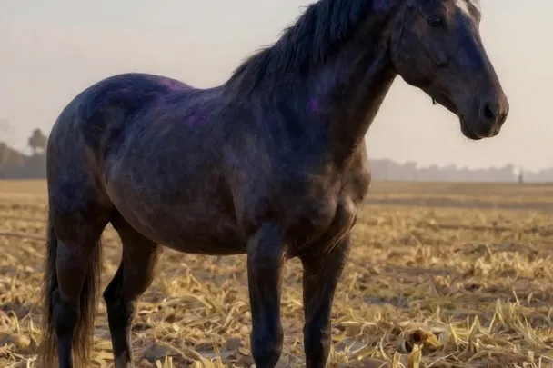 Caballo oscuro permanece tranquilo junto a un campo cultivado