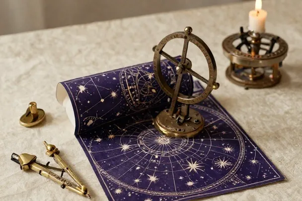 Carta celeste antigua desplegada sobre un escritorio con compás de latón a la luz de una vela