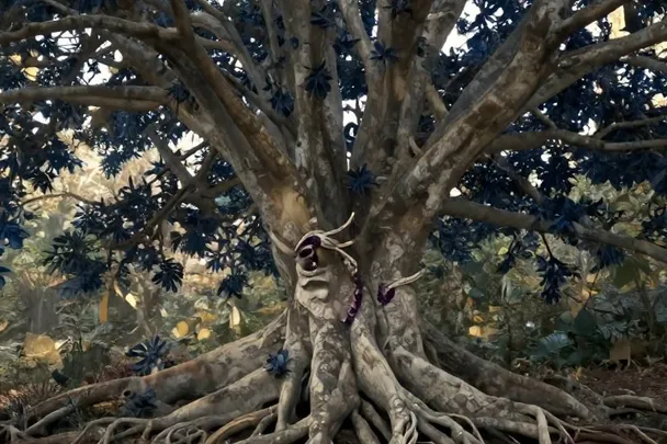 Raíces de un árbol grande se extienden junto a un arroyo del bosque