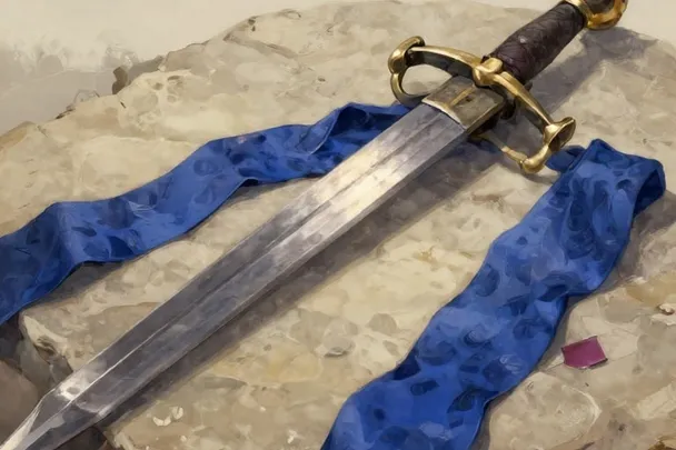 Espada antigua en reposo junto a una cinta separada en dos partes