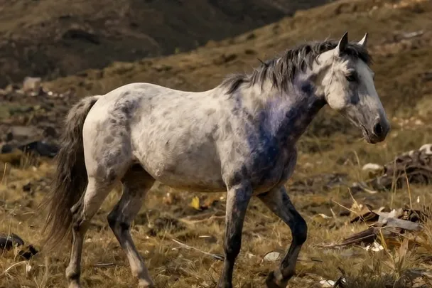 Caballo sereno avanza por un sendero firme entre colinas