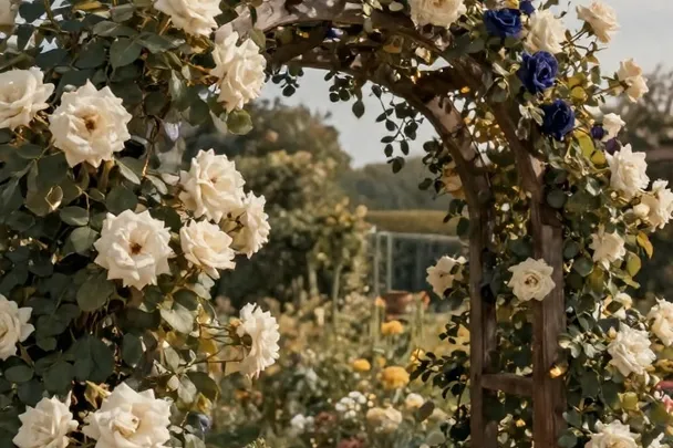 Rosales entrelazados crecen sobre un arco de jardín abierto