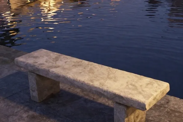 Banco de piedra vacío permanece junto a un estanque bajo luz azul