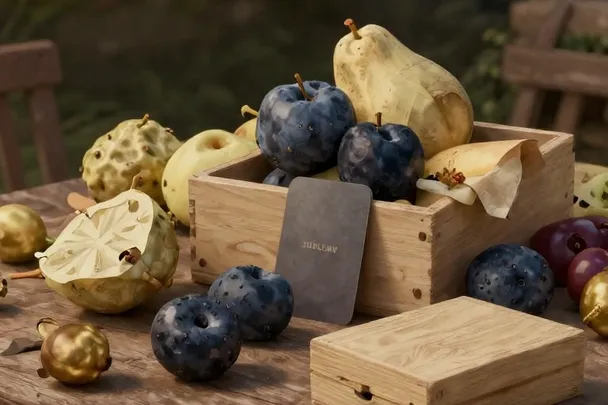 Fruta madura y caja de madera cerrada reposan sobre una mesa de jardín