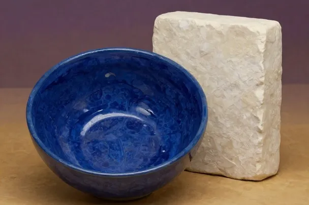 Cuenco azul curvo descansa junto a un bloque de piedra de líneas rectas