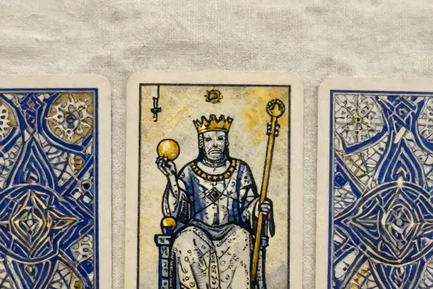 Carta ilustrada de un gobernante coronado entre dos cartas con reversos azules