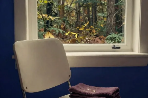 Sillón de lectura vacío junto a una ventana abierta al bosque.