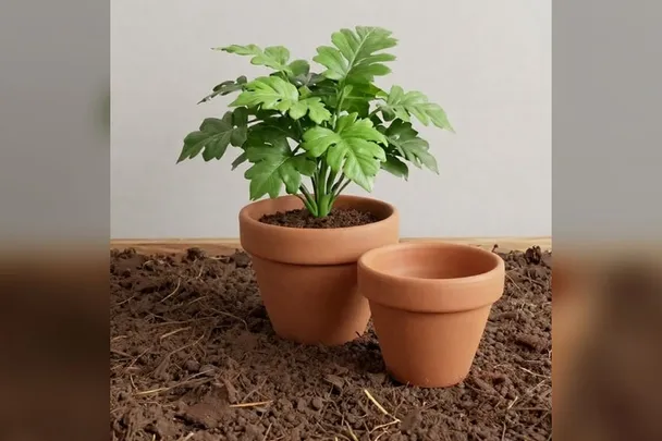 Maceta vacía junto a una planta preparada para trasplantar.