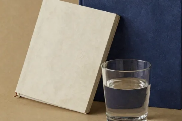 Cuaderno cerrado y vaso transparente descansan en un rincón de estudio