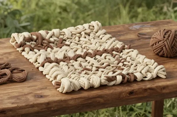 Hilos de tonos naturales integrados en una tela tejida.