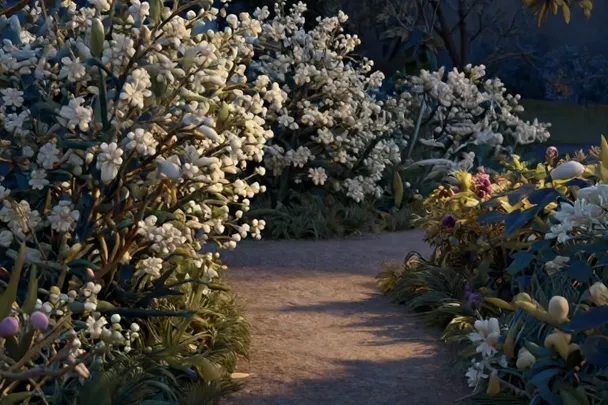 Senderos que se bifurcan entre flores de un jardín.