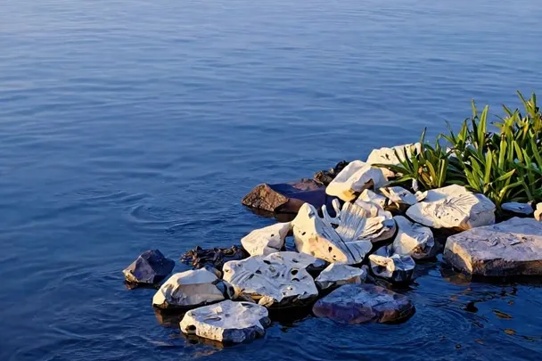 Luz de amanecer cambia sobre un paisaje de agua, roca y vegetación