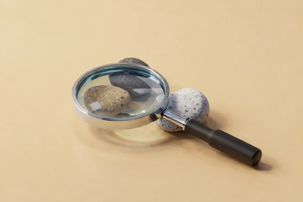Lupa y piedras de texturas distintas descansan sobre una mesa clara