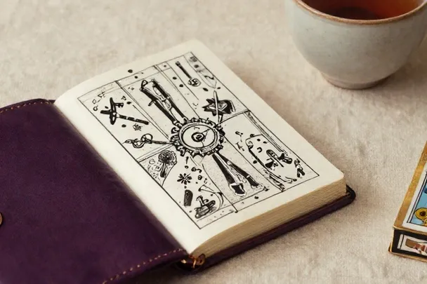 Cuaderno abierto con esquemas de tiradas de tarot junto a una taza de té y una baraja