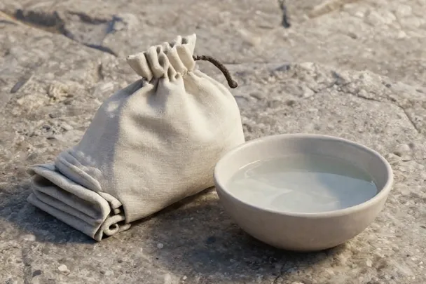 Bolsa de lino cerrada junto a un cuenco de agua y un paño.