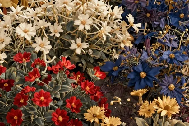 Flores de tonos rojos y dorados crecen juntas bajo un sol cálido