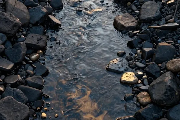 Dos corrientes claras se unen en una poza entre rocas oscuras
