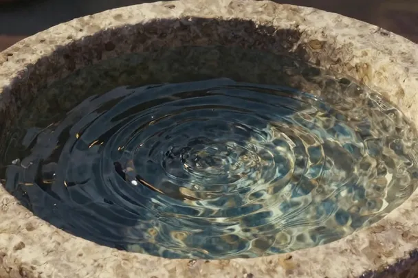 Agua de un manantial llena una pequeña pila de piedra