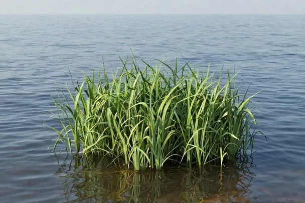 Juncos movidos por una brisa suave en la orilla de un lago tranquilo.