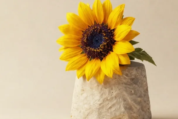 Girasol junto a un pedestal de piedra de líneas sencillas