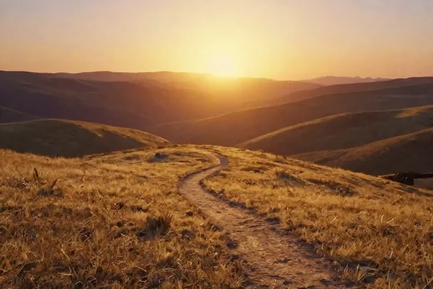 Sendero de colinas cálidas se abre hacia un horizonte dorado