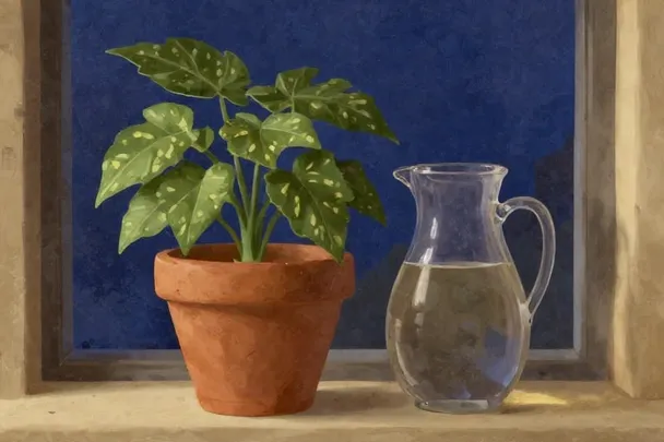 Jarra de agua y cuenco de barro con una planta junto a una ventana