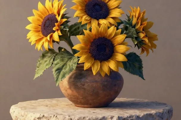Cuenco de barro con girasoles sobre una mesa de piedra.