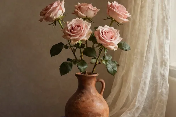 Rosas en un jarrón de barro junto a una cortina ligera