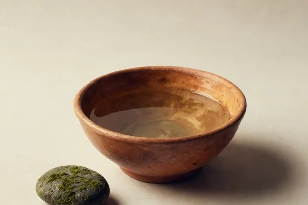 Cuenco de barro con agua clara junto a una piedra cubierta de musgo