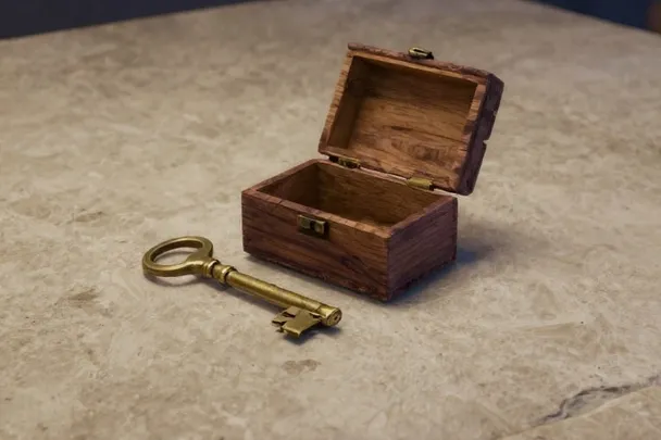Caja de madera cerrada junto a una llave lisa en una mesa de piedra