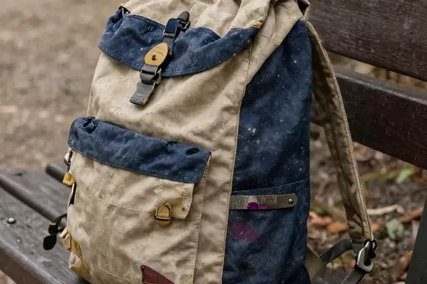 Mochila de lona llena descansa en un banco junto a un sendero