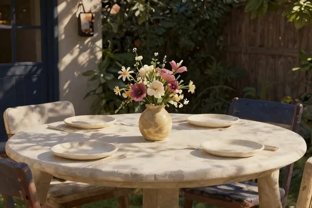 Mesa acogedora preparada en un jardín junto a una casa