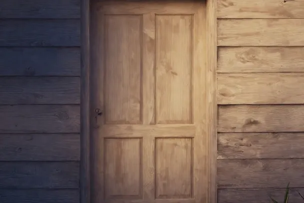 Puerta de madera cerrada junto a un sendero iluminado al amanecer.