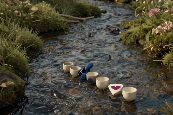 Arroyos pequeños confluyen en una poza tranquila entre hierbas verdes
