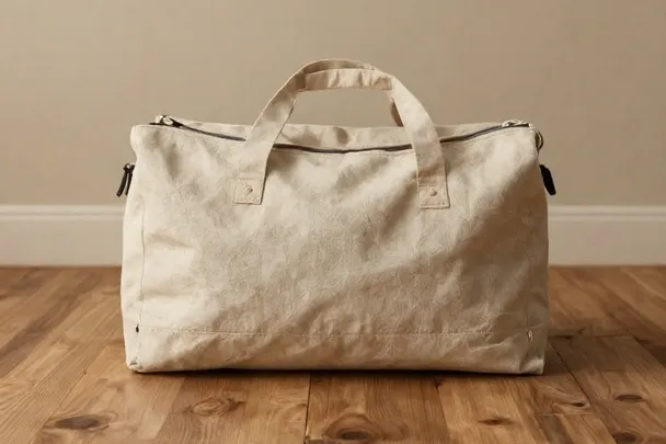 Bolsa de viaje de lona lisa sobre un suelo de madera.