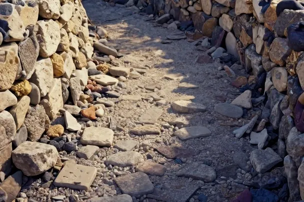 Sendero de piedra cambia de dirección junto a un muro bajo en reparación