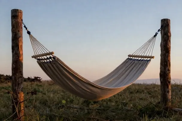 Hamaca vacía sobre un jardín tranquilo al caer la tarde.