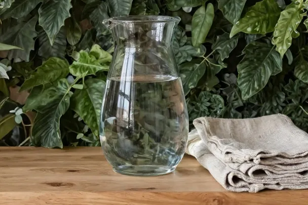 Jarra de agua en reposo junto a un paño doblado.