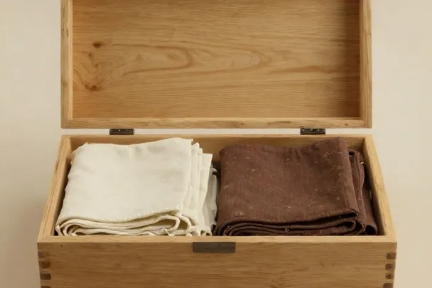 Caja de madera abierta con el contenido ordenado a la vista.