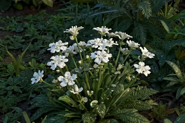 Flor blanca creciendo cerca de la salida de un rincón sombreado.